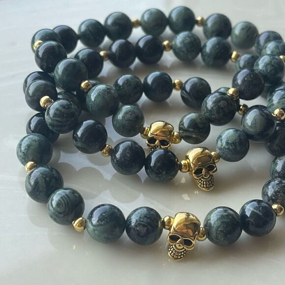 Kambaba skull crystal stone ONE NEW stretch bracelet green black handmade medita - Picture 2 of 9